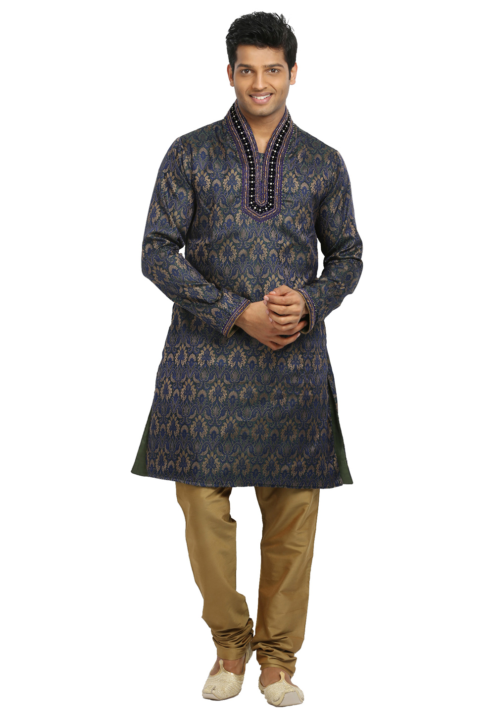 Navy Blue Brocade Readymade Kurta Pajama 203676