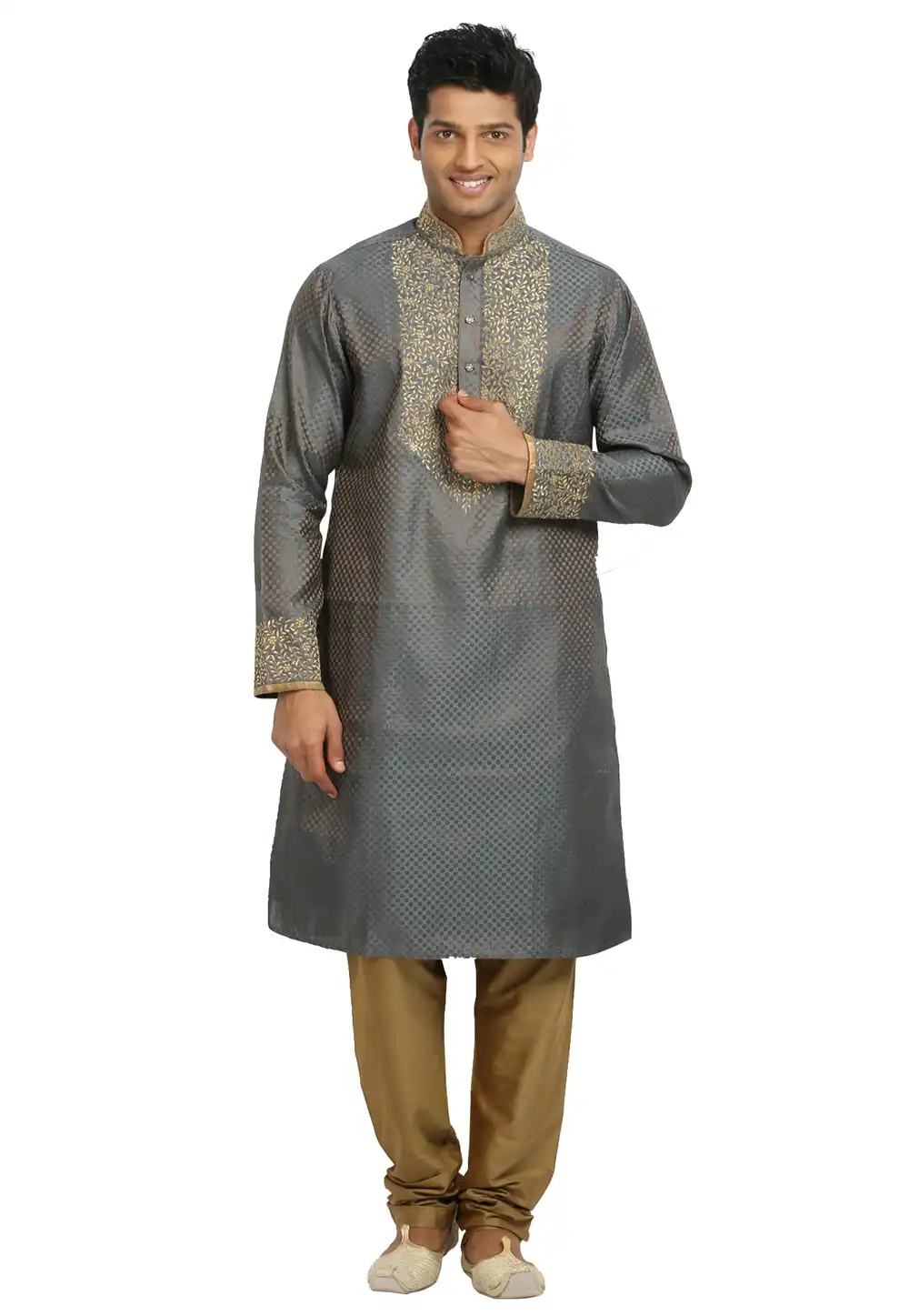 Grey Brocade Readymade Kurta Pajama 203677