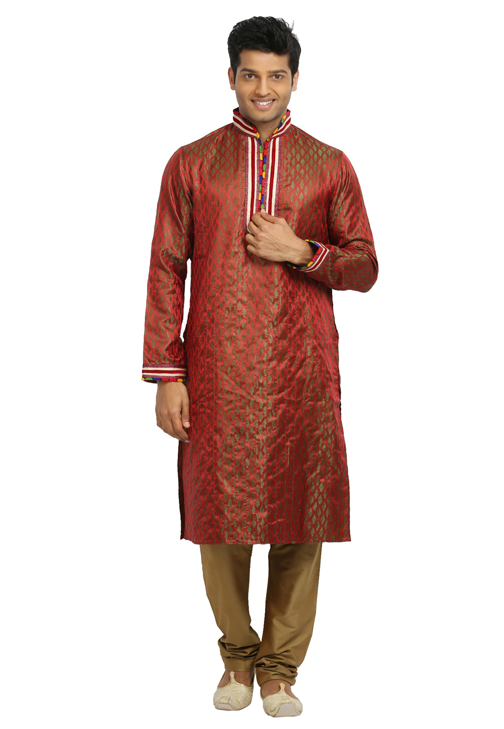 Red Brocade Readymade Kurta Pajama 203679