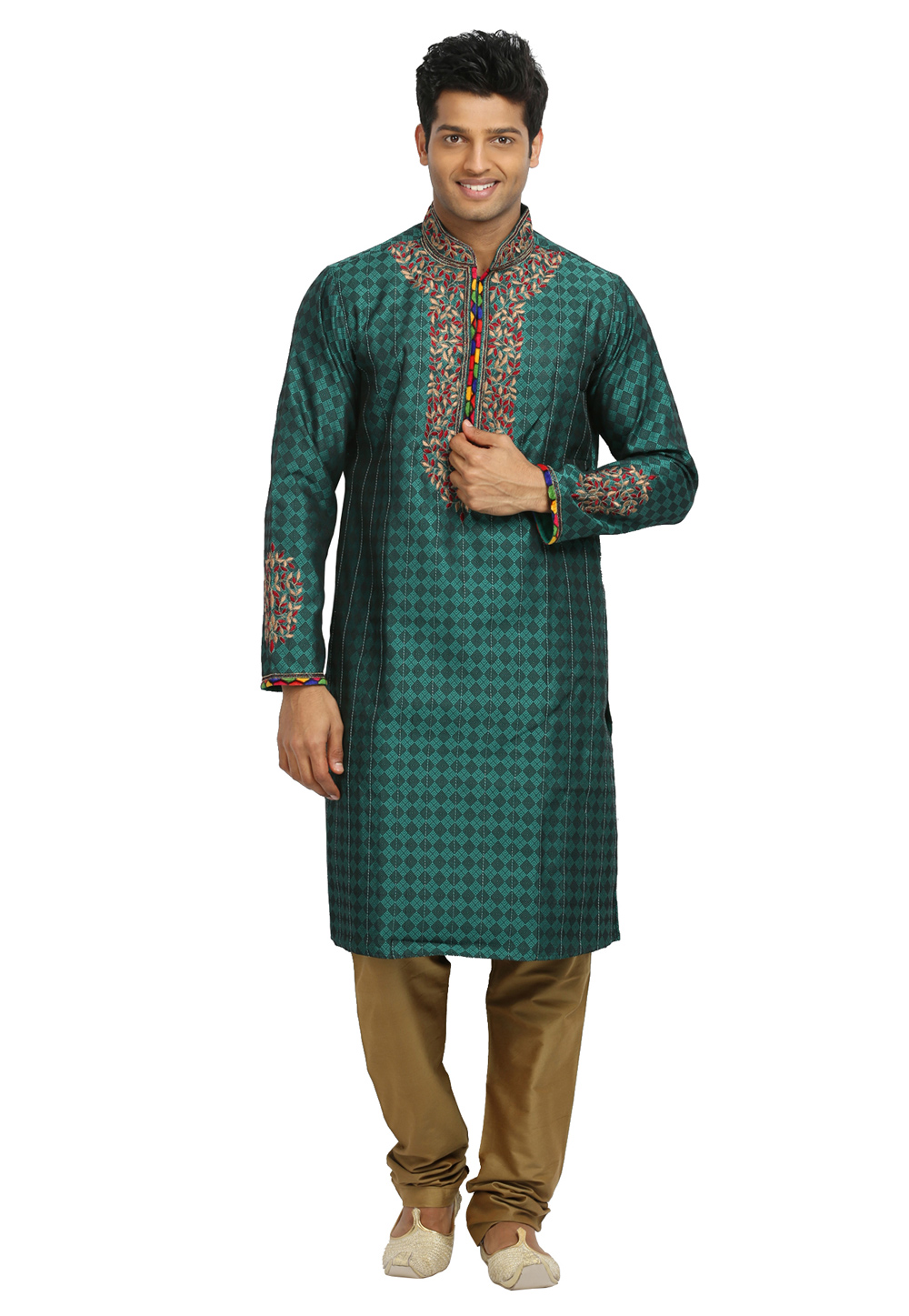 Teal Brocade Readymade Kurta Pajama 203681