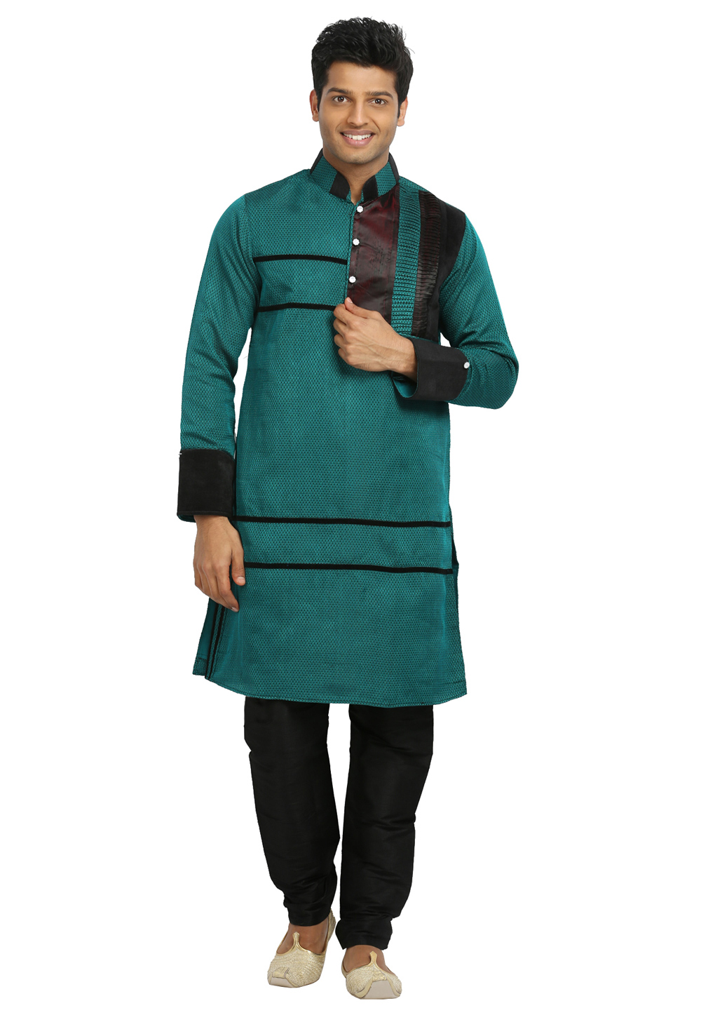 Teal Brocade Readymade Kurta Pajama 203683
