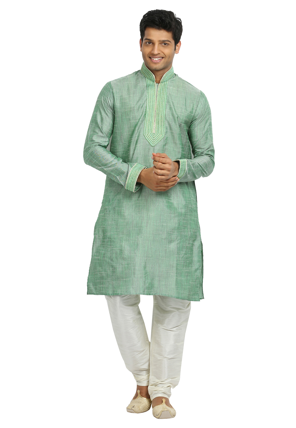 Light Green Cotton Silk Readymade Kurta Pajama 203688