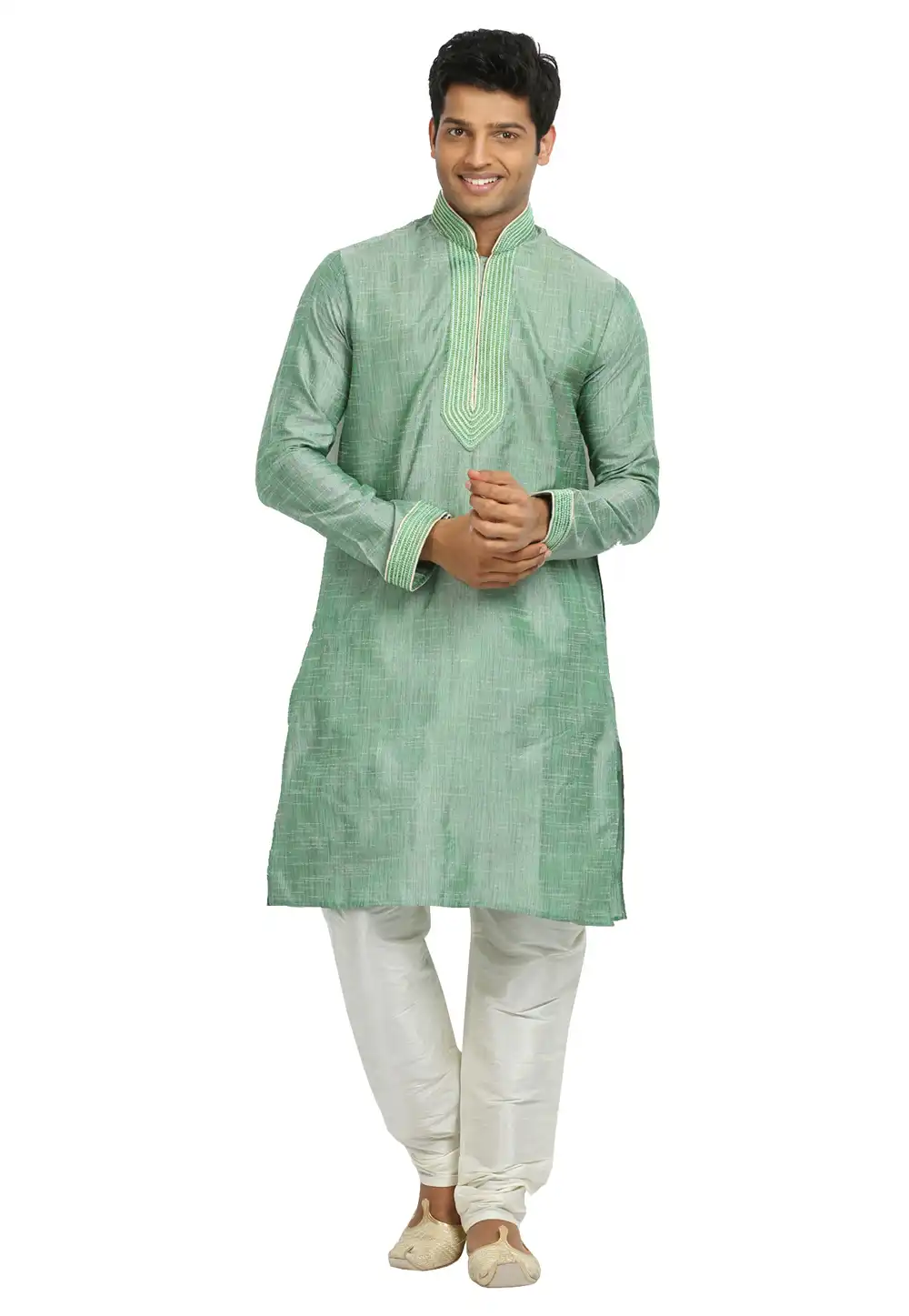 Light Green Cotton Silk Readymade Kurta Pajama 203688