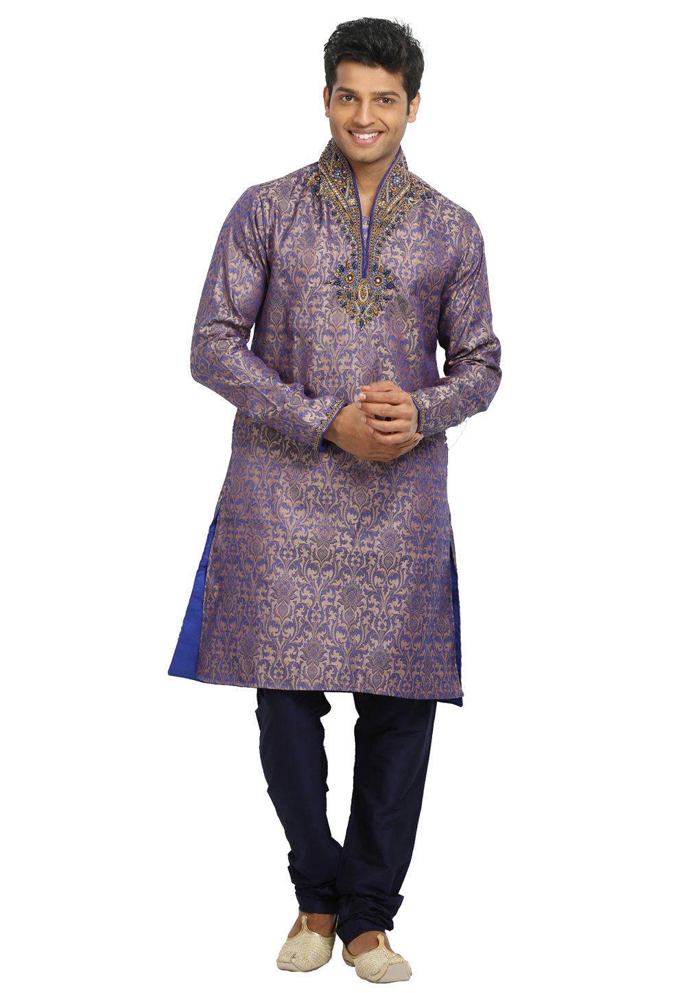 Blue Brocade Readymade Kurta Pajama 203698