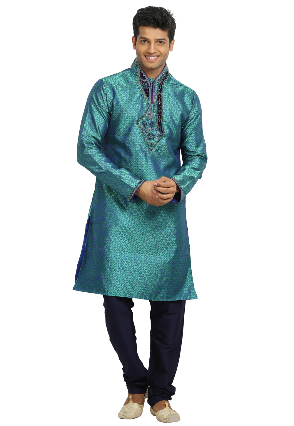 Turquoise Brocade Readymade Kurta Pajama 203699