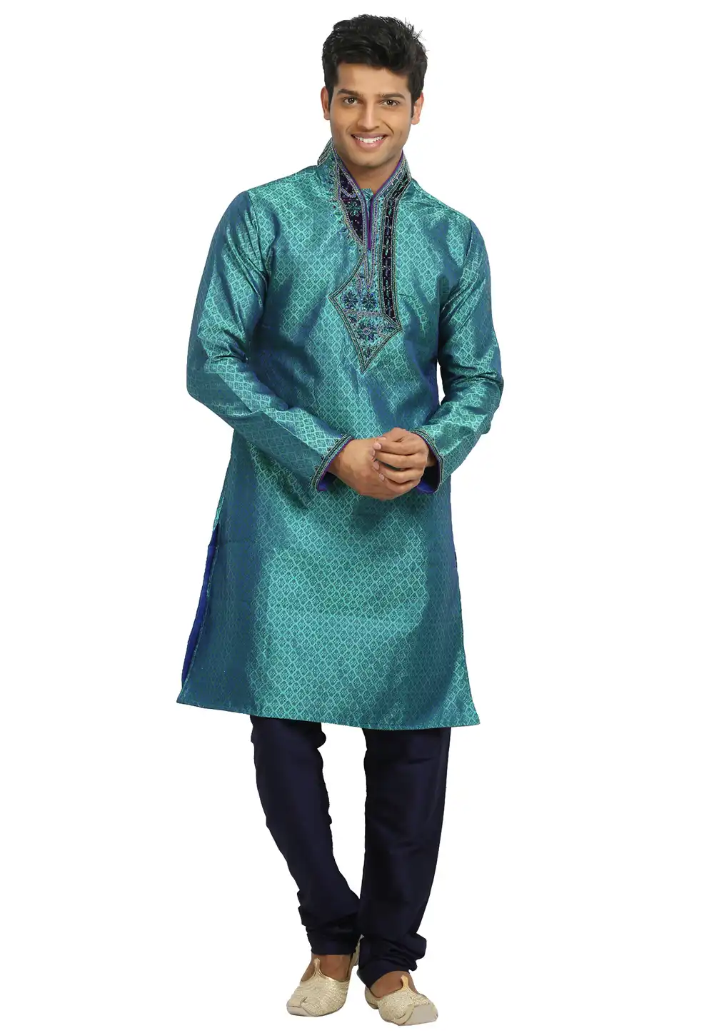 Turquoise Brocade Readymade Kurta Pajama 203699
