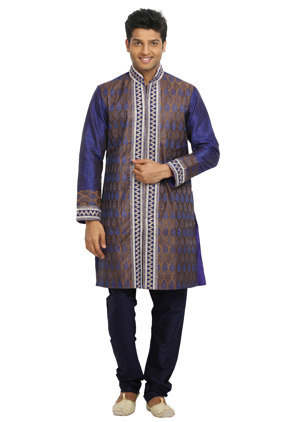 Blue Brocade Readymade Kurta Pajama 203700