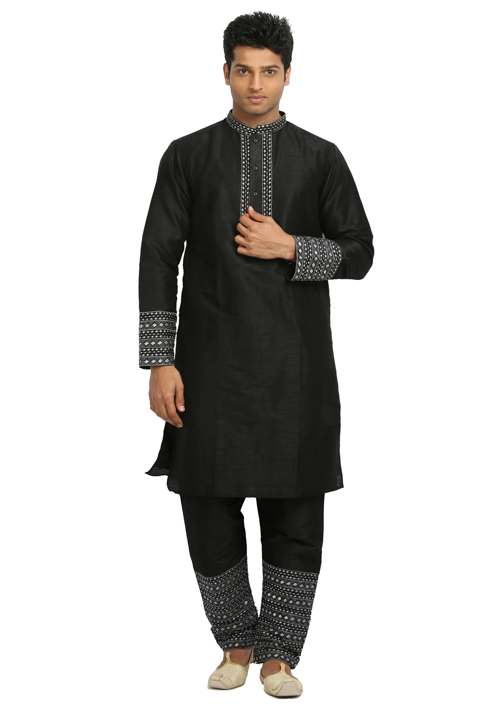 Black Art Silk Readymade Kurta Pajama 203708