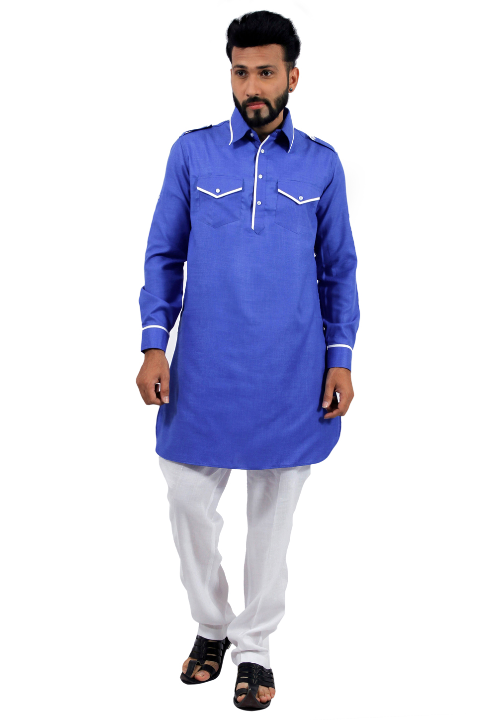 Blue Cotton Readymade Pathani Suit 166341