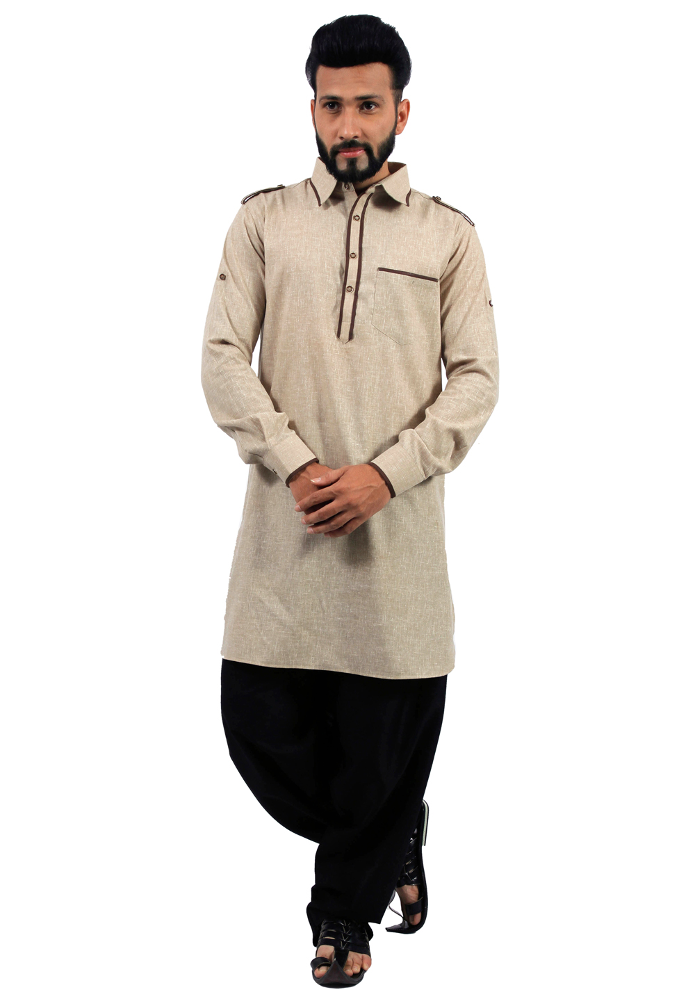 Beige Cotton Readymade Pathani Suit 166346