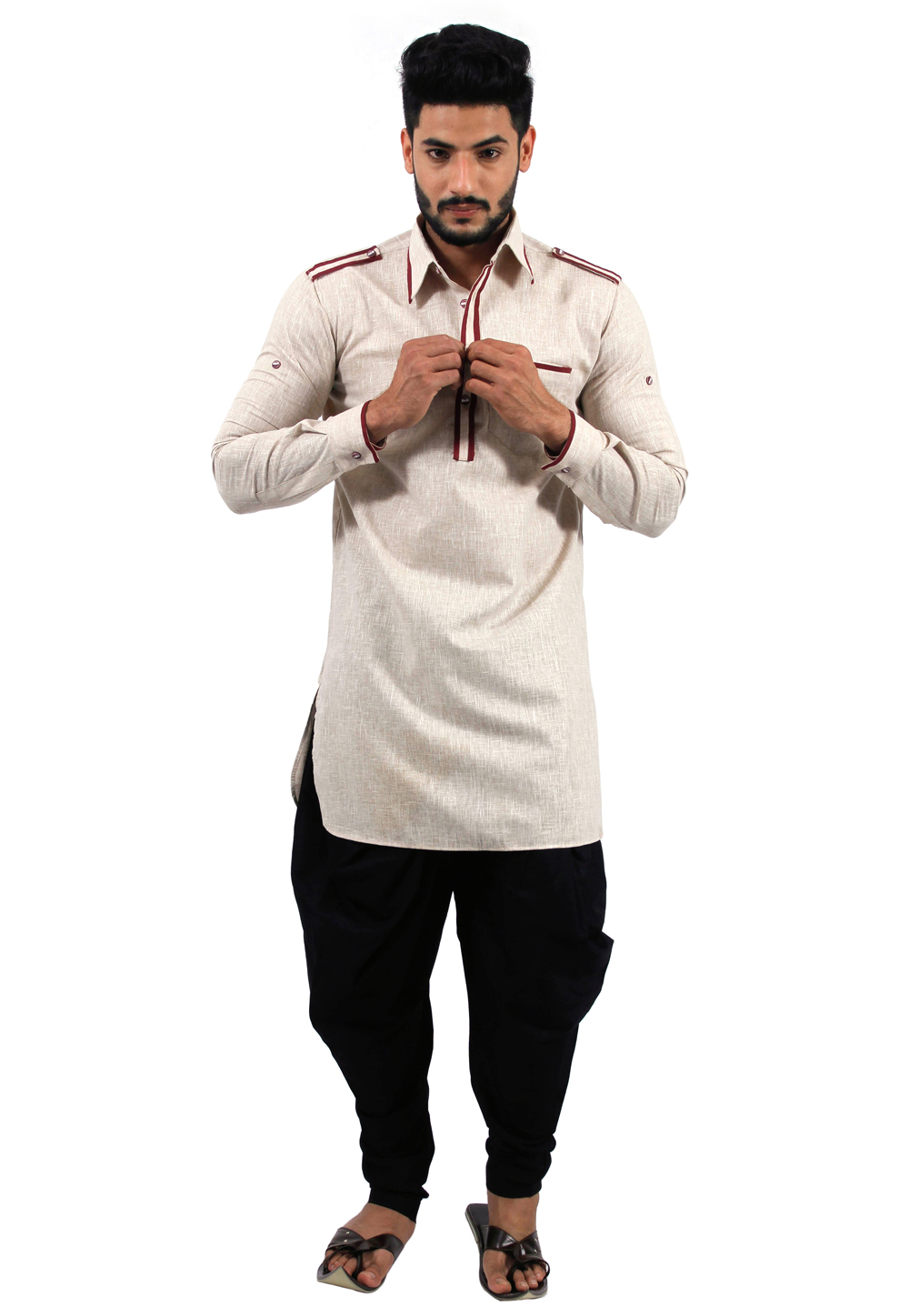 Beige Cotton Readymade Pathani Suit 166347