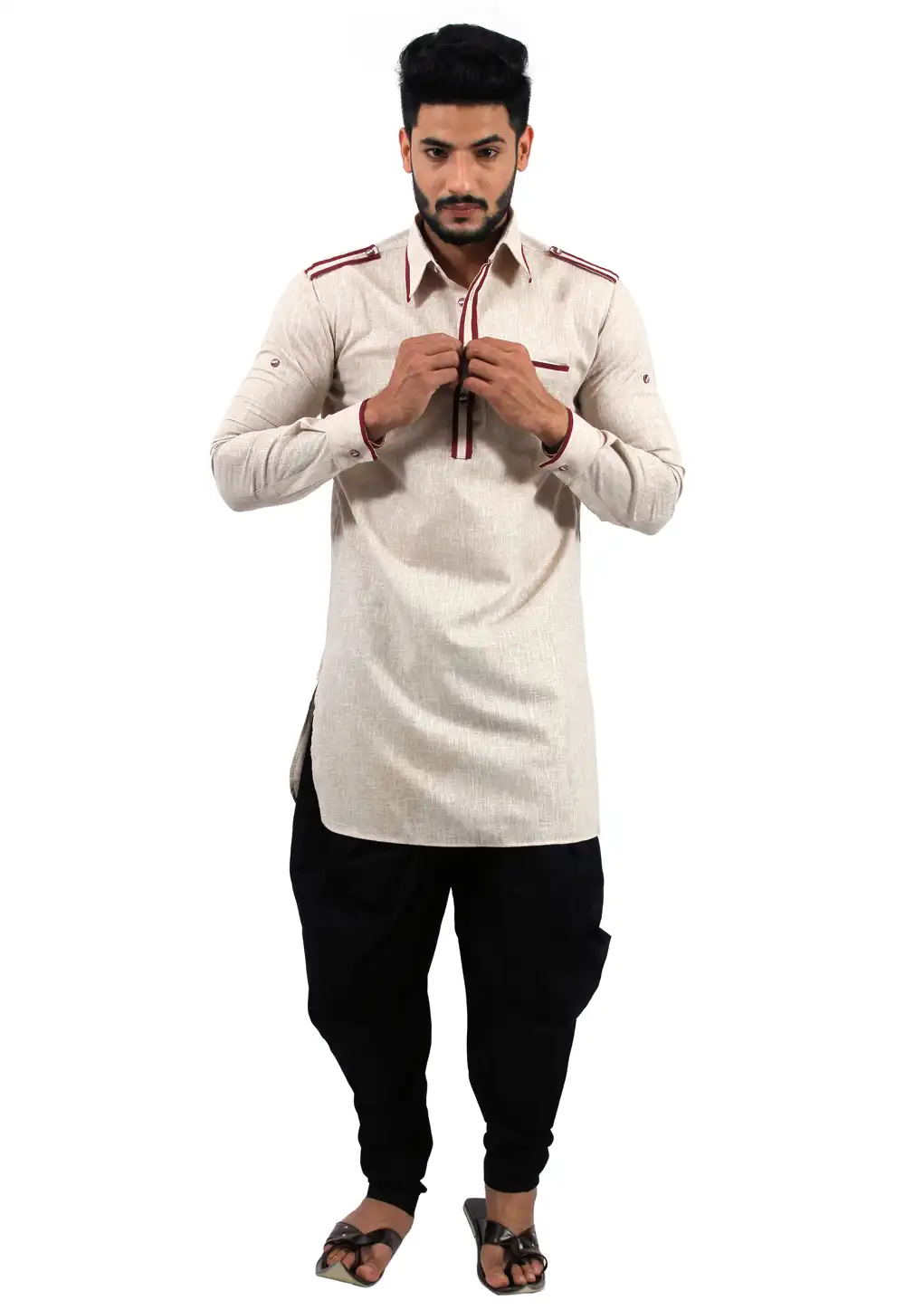 Beige Cotton Readymade Pathani Suit 166347