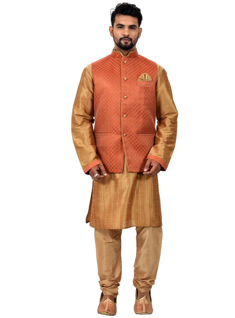 Golden Art Silk Readymade Kurta Pajama With Jacket 113450