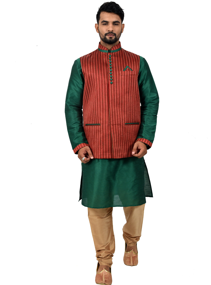 Green Art Silk Readymade Kurta Pajama With Jacket 113454