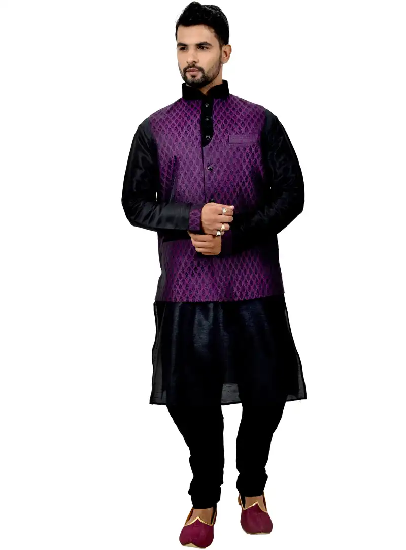 Black Art Silk Readymade Kurta Pajama With Jacket 113456