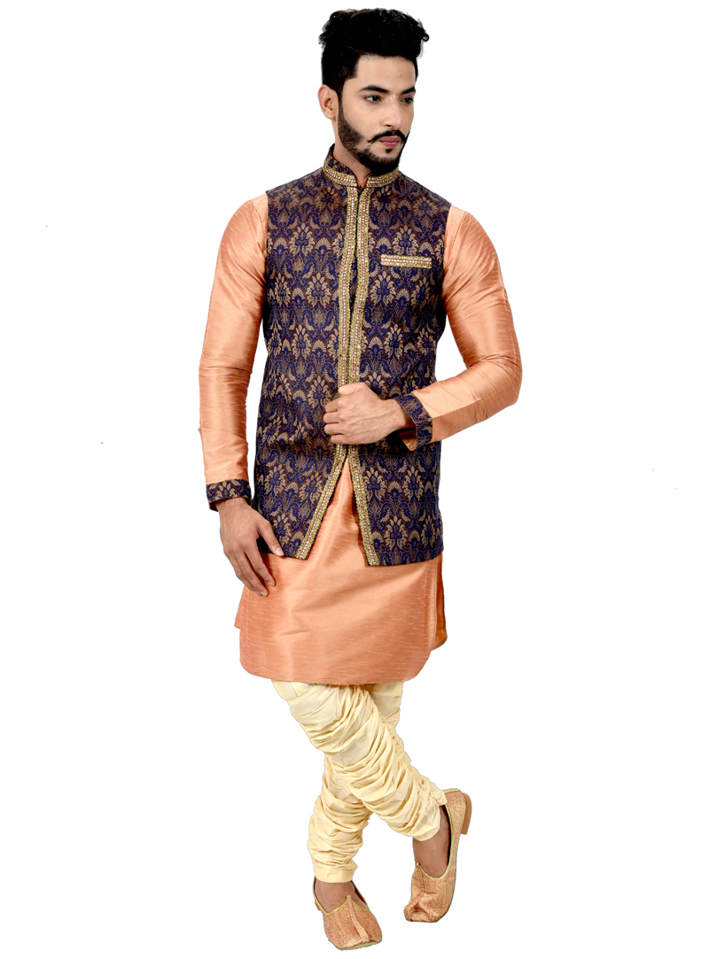 Peach Art Silk Readymade Kurta Pajama With Jacket 113459