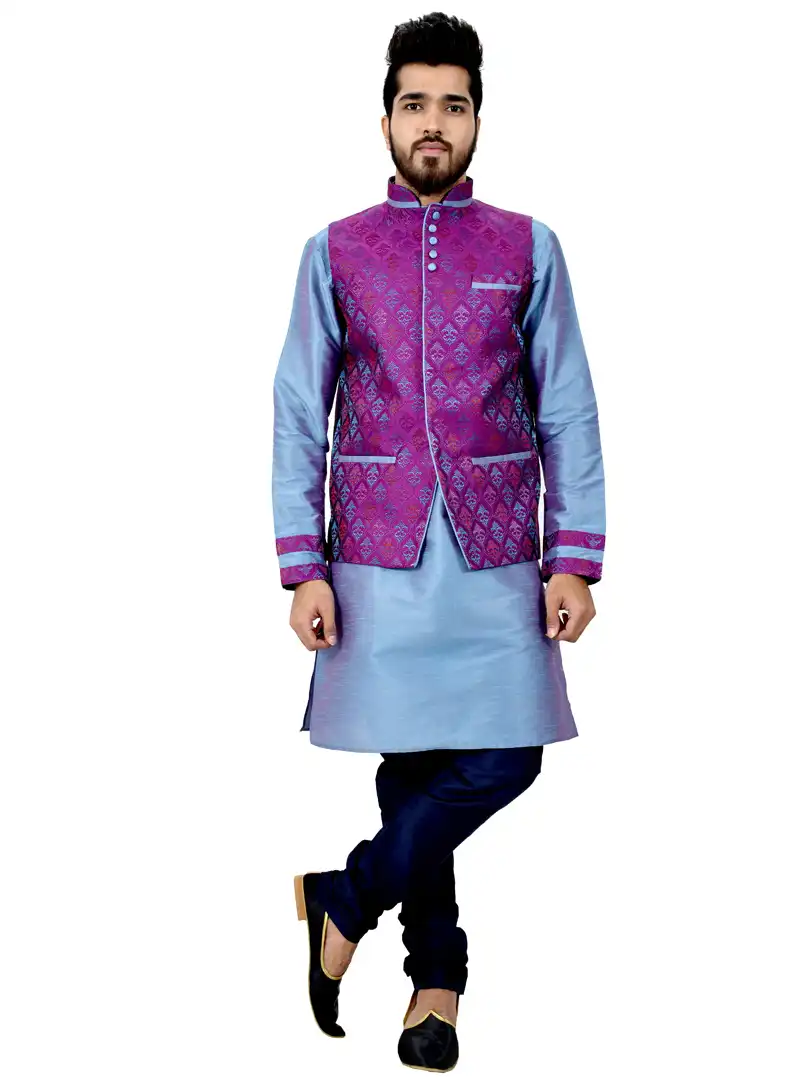 Blue Art Silk Readymade Kurta Pajama With Jacket 113460