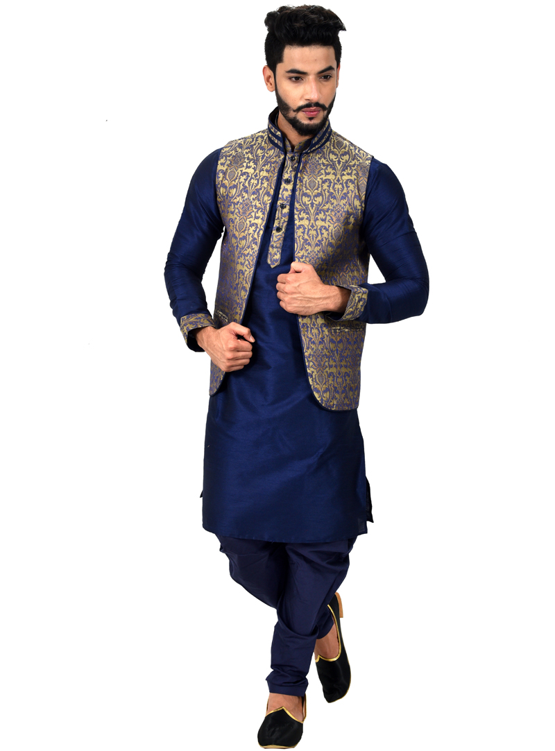 Navy Blue Art Silk Readymade Kurta Pajama With Jacket 113462