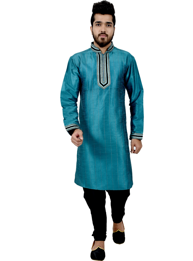 Teal Art Silk Readymade Kurta Pajama 113479