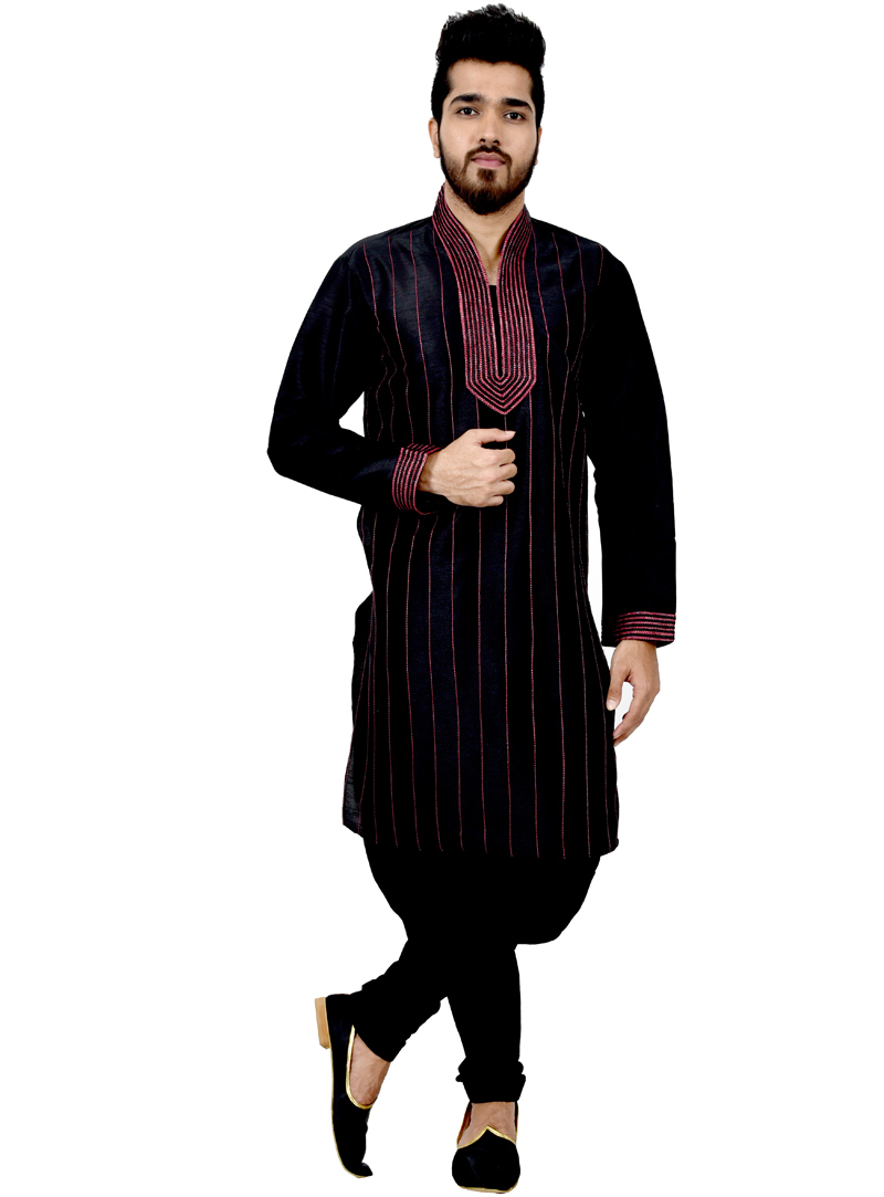 Black Art Silk Readymade Kurta Pajama 113480
