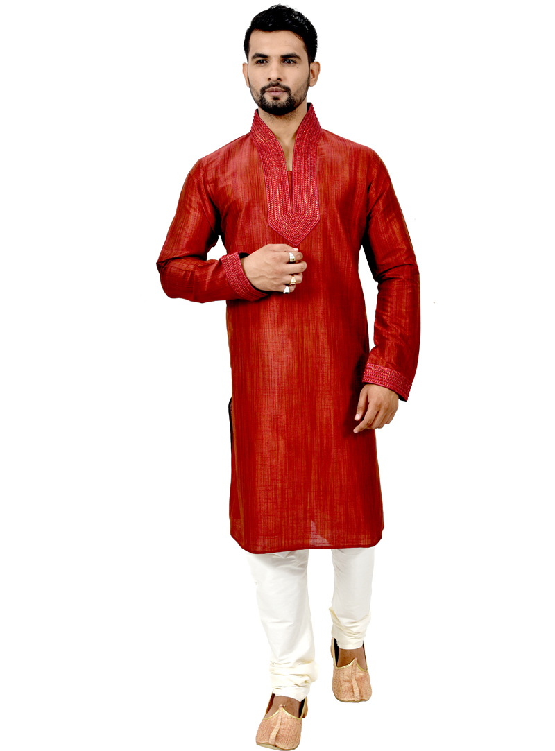 Red Silk Readymade Kurta Pajama 113484