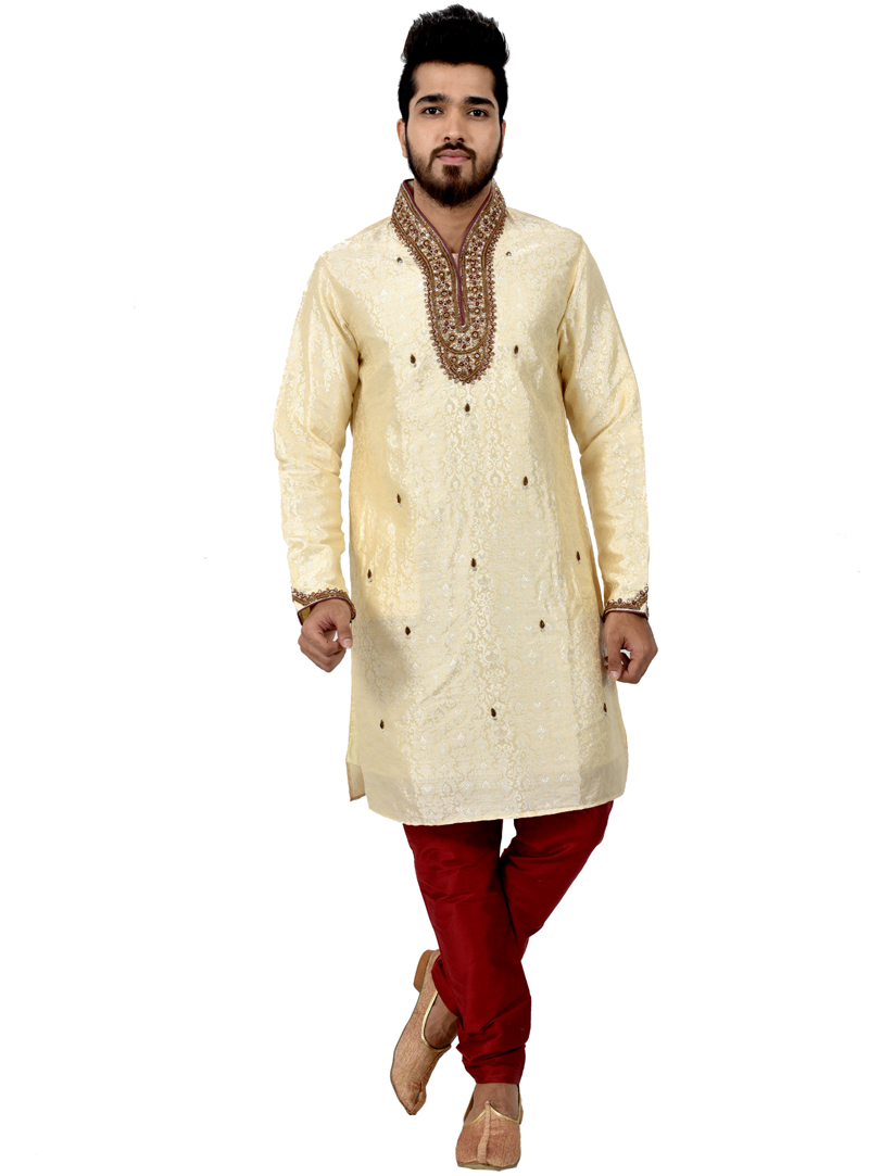 Cream Silk Readymade Kurta Pajama 113488