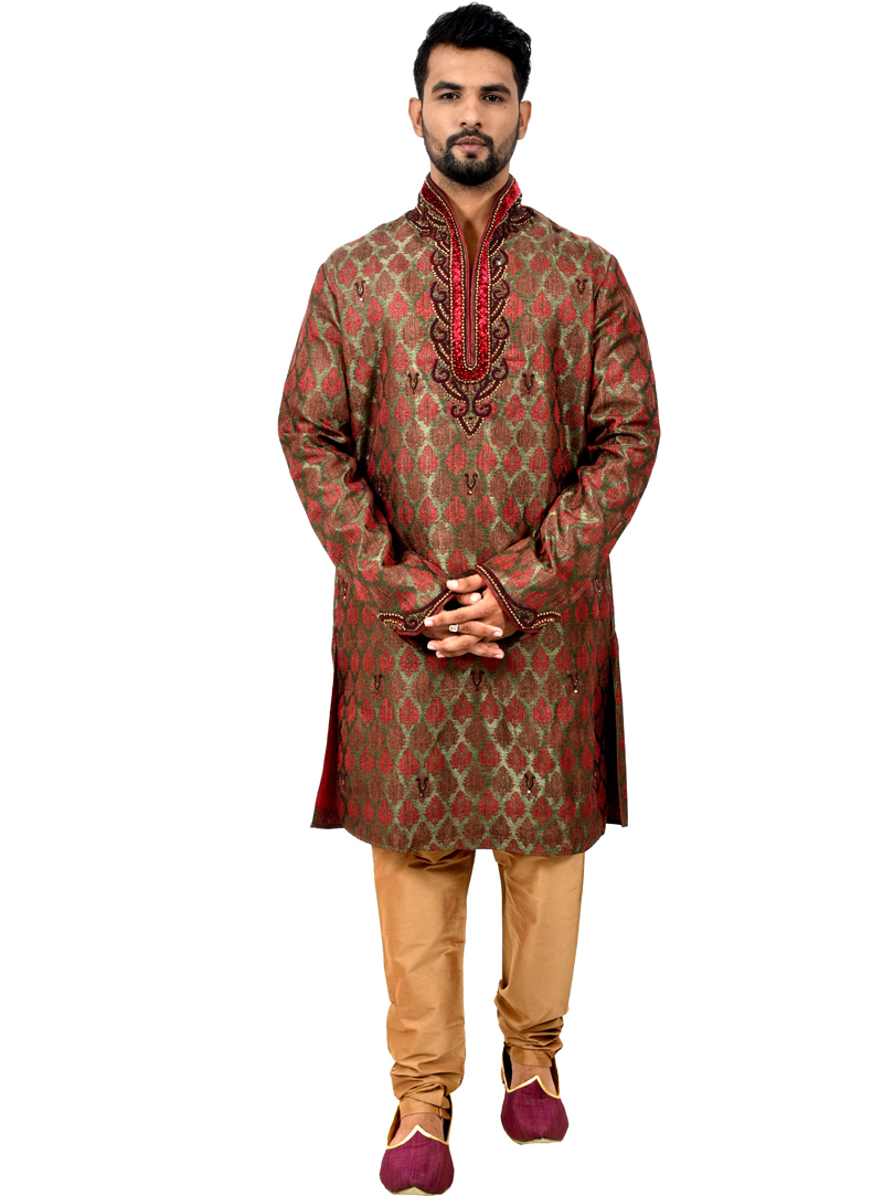 Green Silk Readymade Kurta Pajama 113490