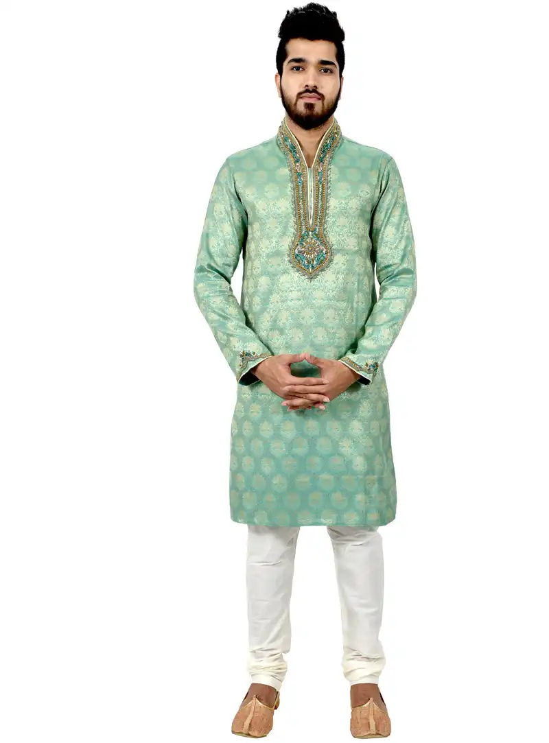 Sea Green Silk Readymade Kurta Pajama 113493