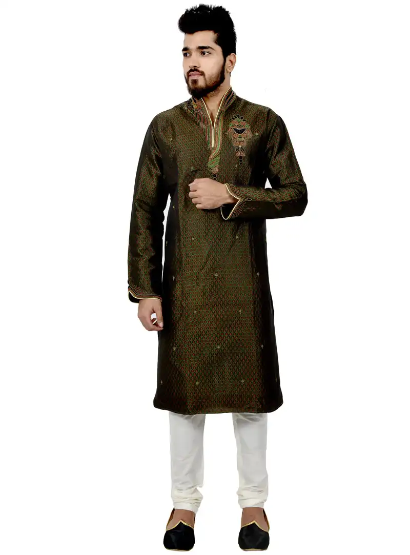 Green Silk Readymade Kurta Pajama 113494