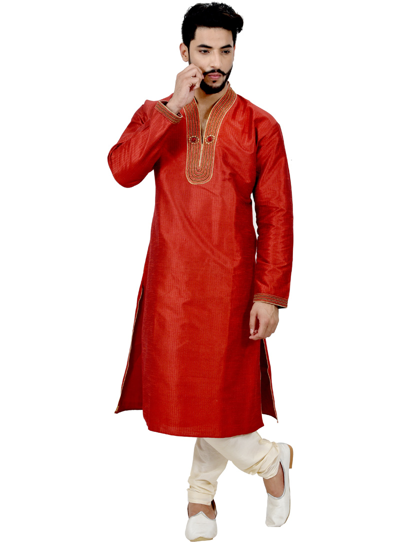 Red Art Silk Readymade Kurta Pajama 113495