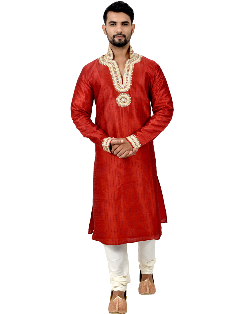 Red Art Silk Readymade Kurta Pajama 113498
