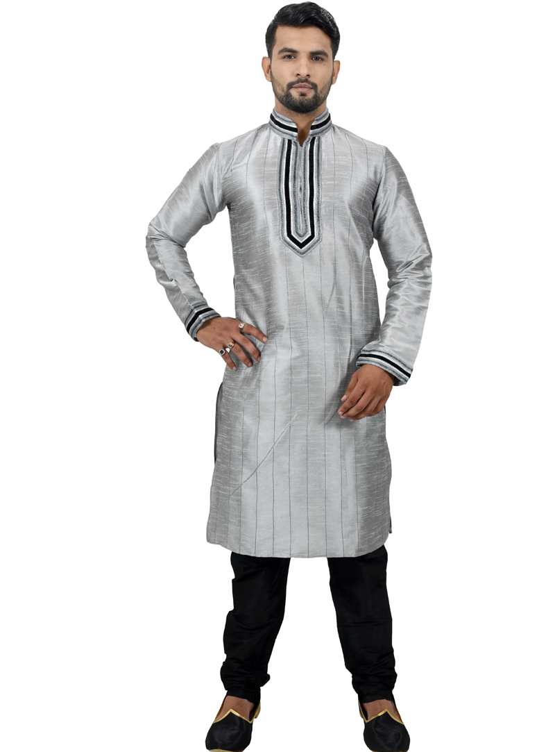 Grey Art Silk Readymade Kurta Pajama 113499