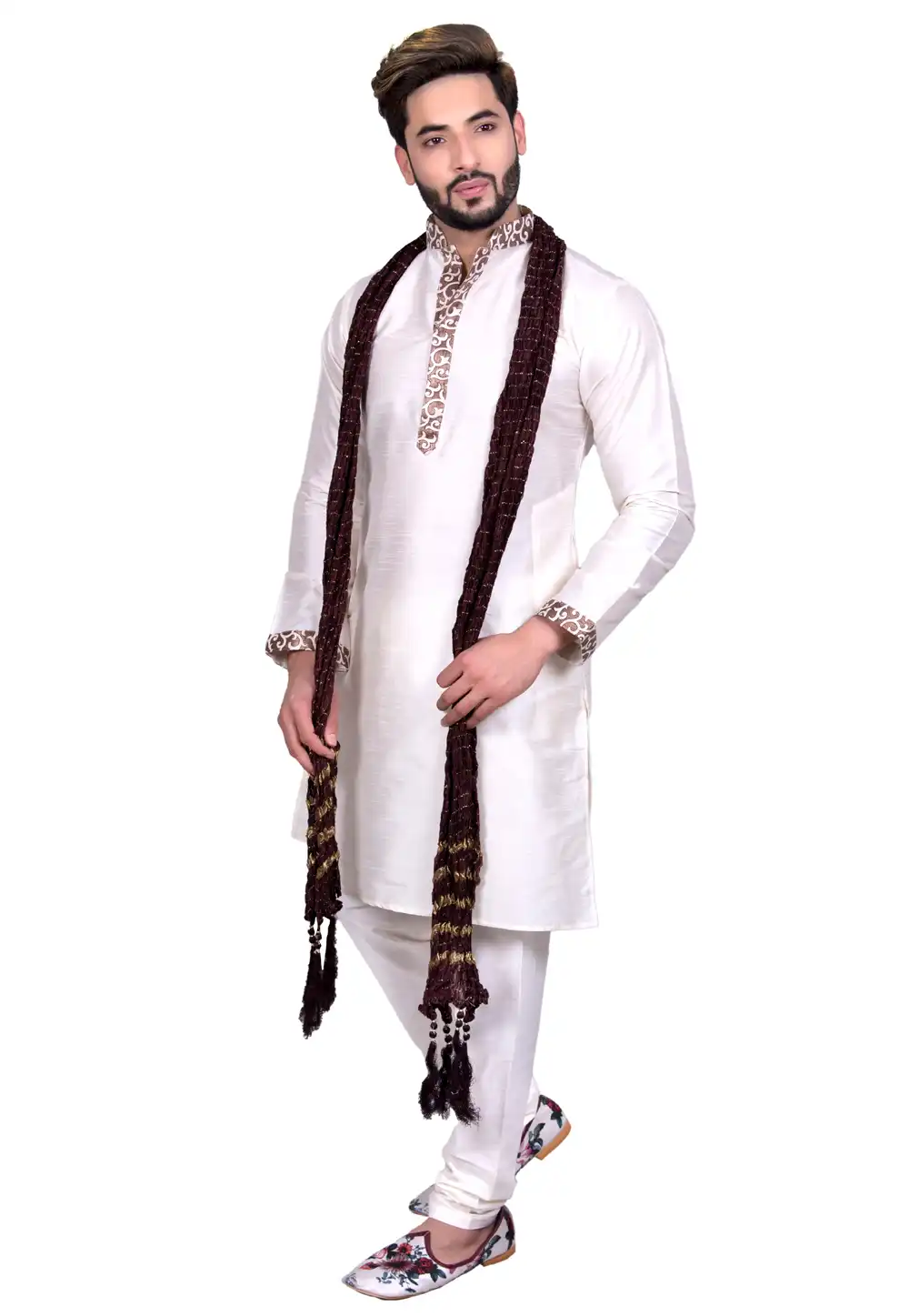 Off White Art Silk Readymade Kurta Pajama 202428