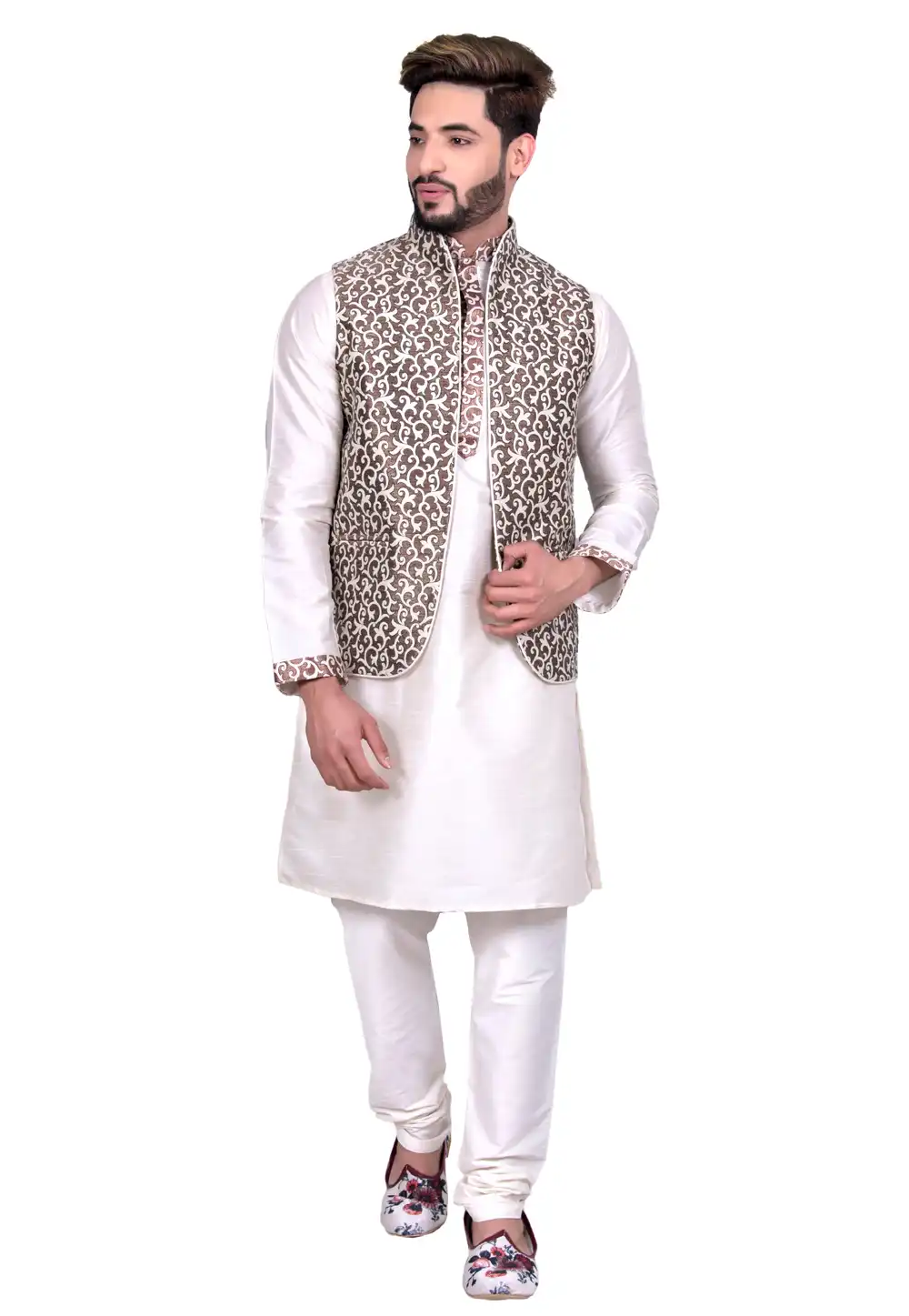 Off White Art Silk Readymade Kurta Pajama With Jacket 202442