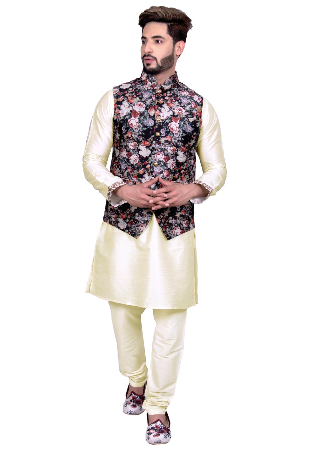 Off White Art Silk Readymade Jacket With Kurta Pajama 202443