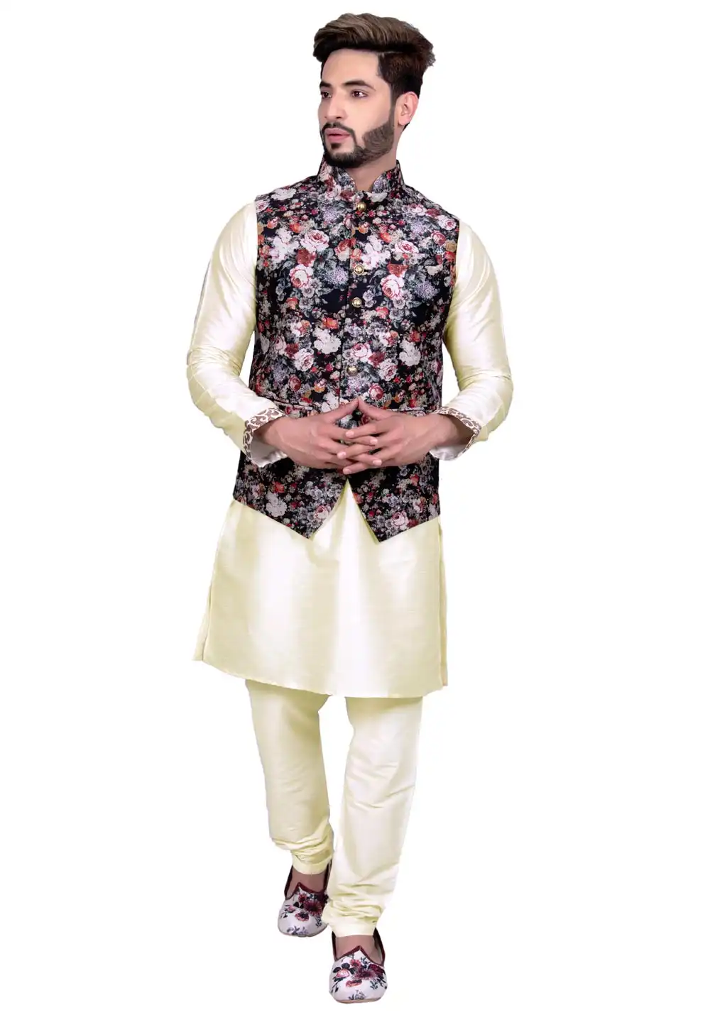 Off White Art Silk Readymade Jacket With Kurta Pajama 202443