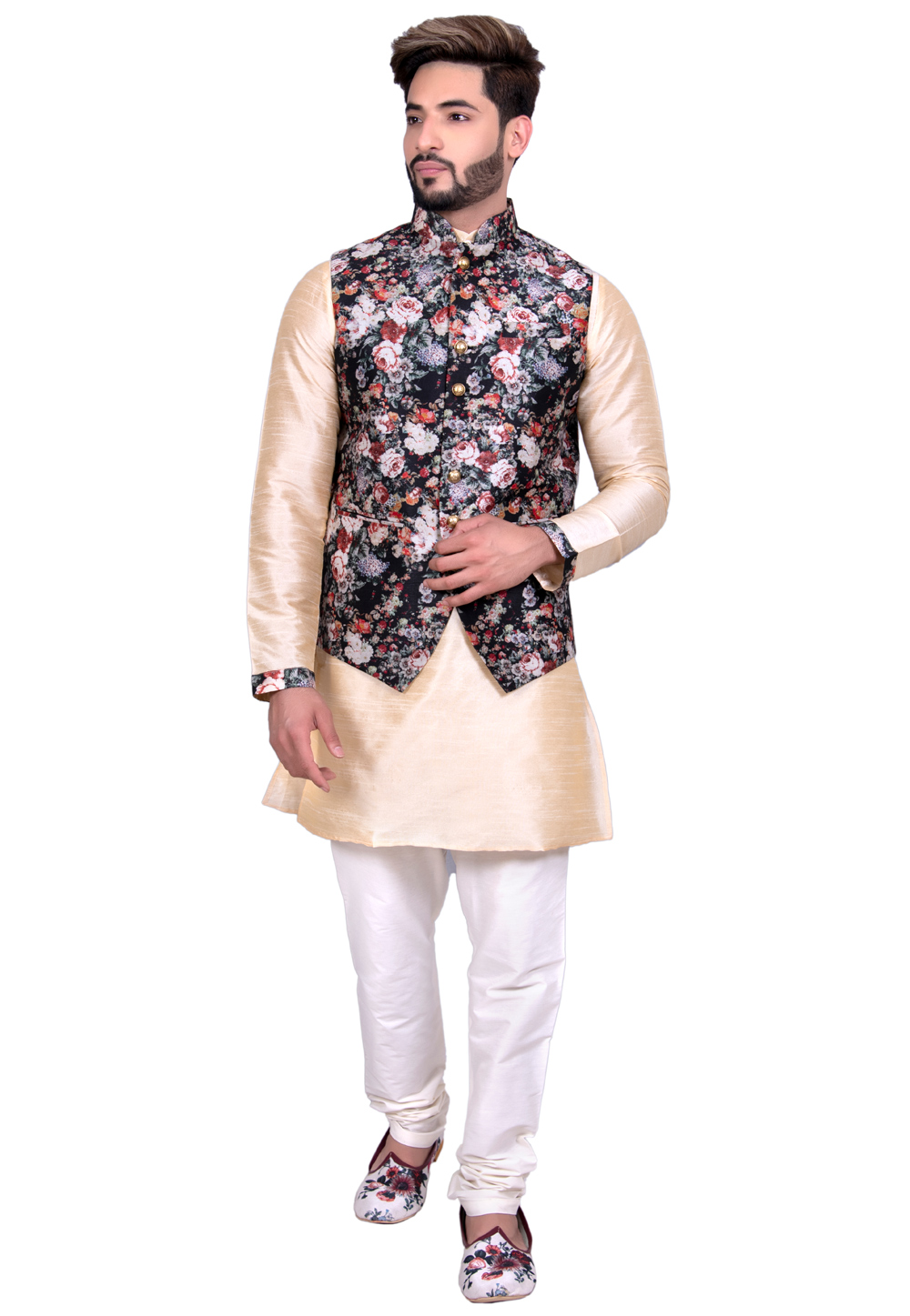 Beige Art Silk Readymade Kurta Pajama With Jacket 202444