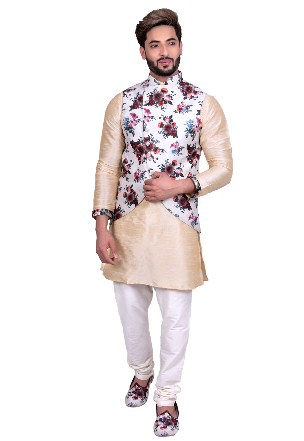Beige Art Silk Readymade Jacket With Kurta Pajama 202445