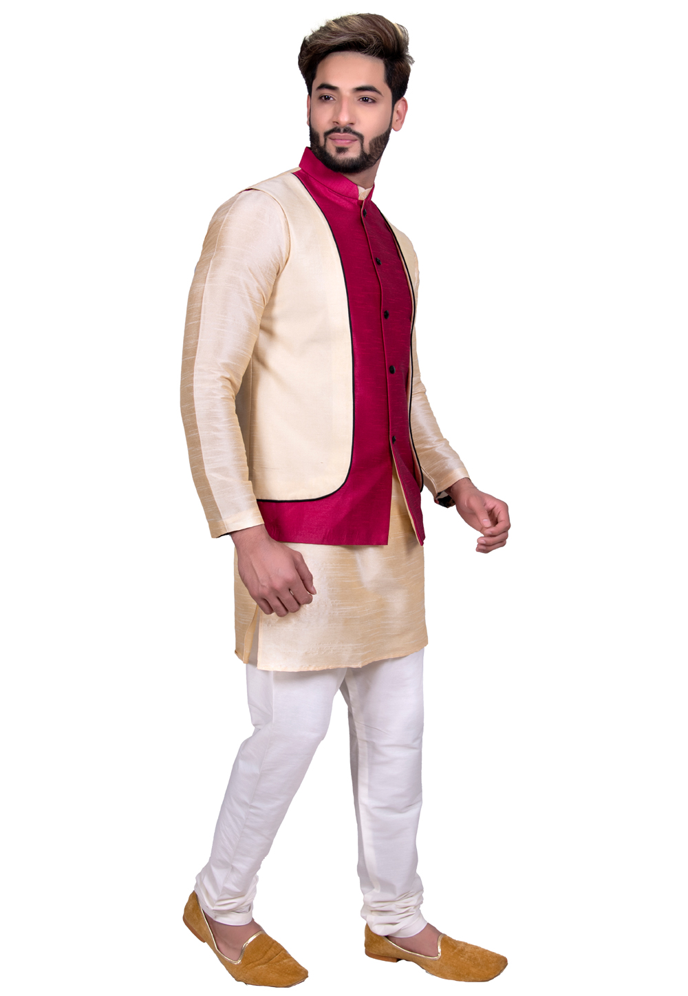 Beige Art Silk Readymade Kurta Pajama With Jacket 202446