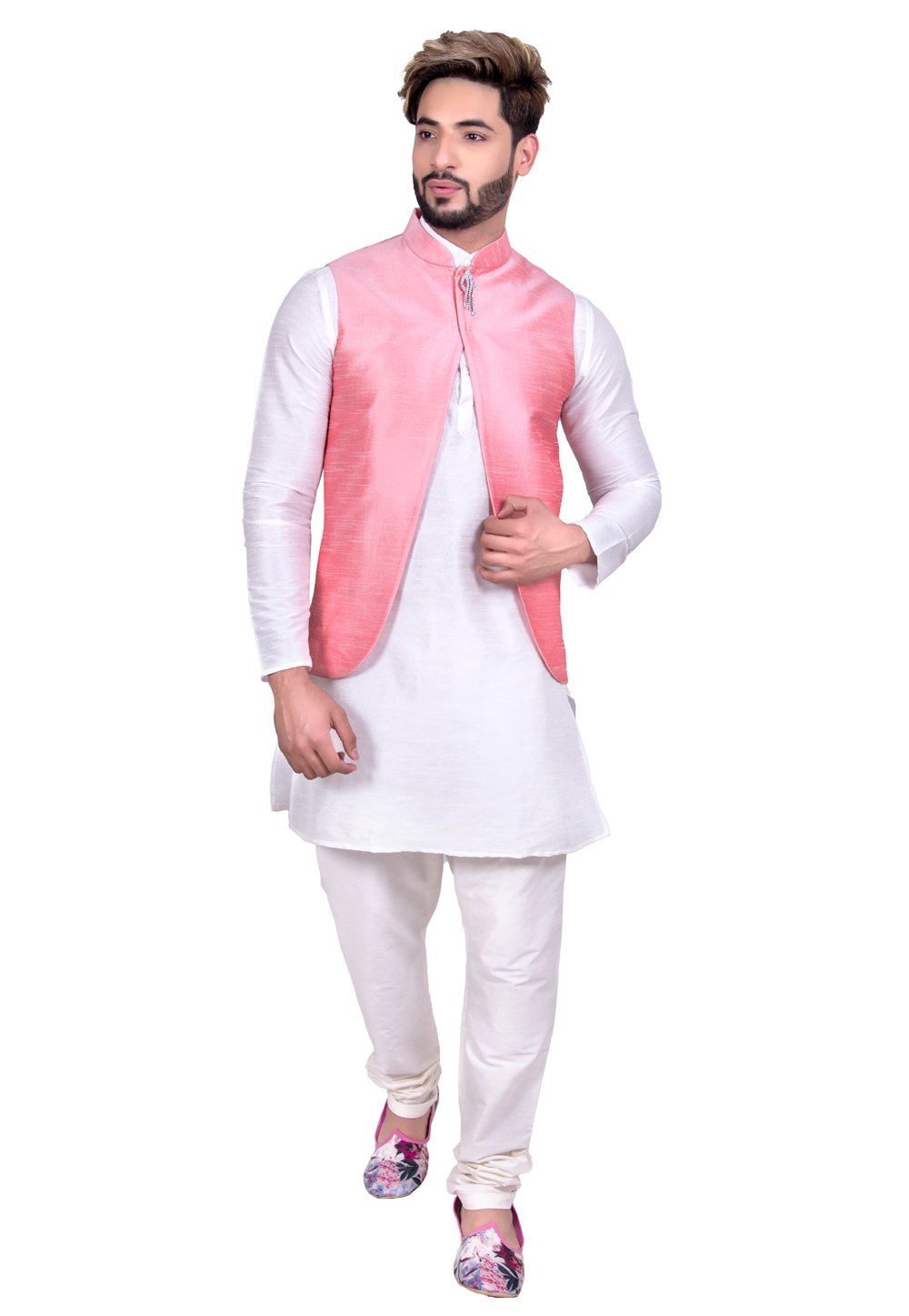 Off White Art Silk Readymade Kurta Pajama With Jacket 202448