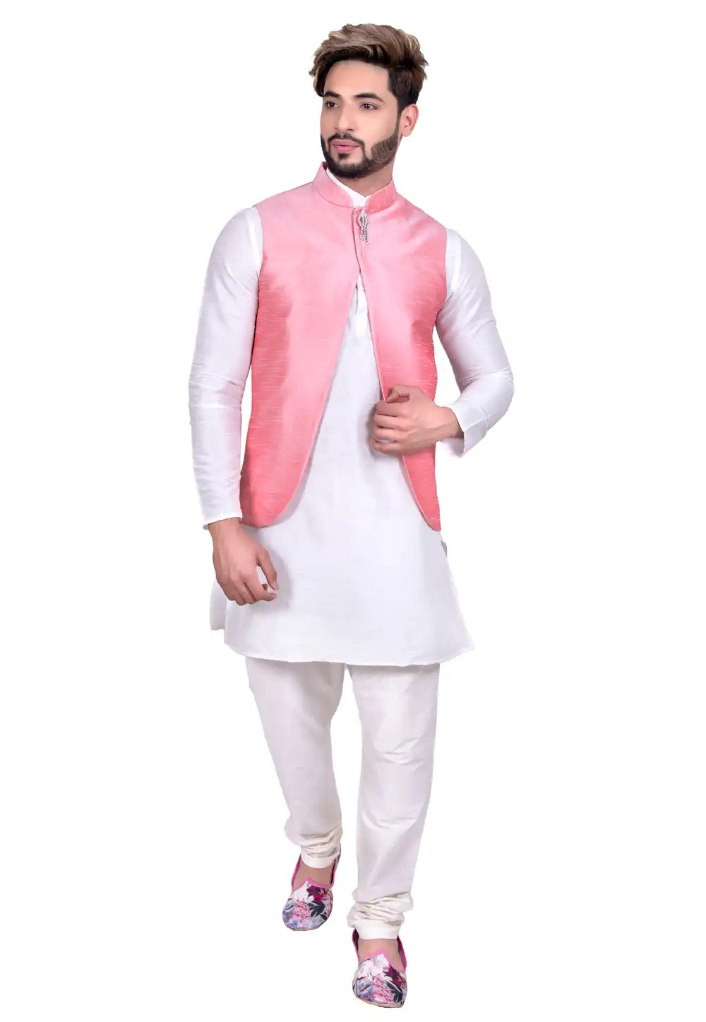 Off White Art Silk Readymade Kurta Pajama With Jacket 202448