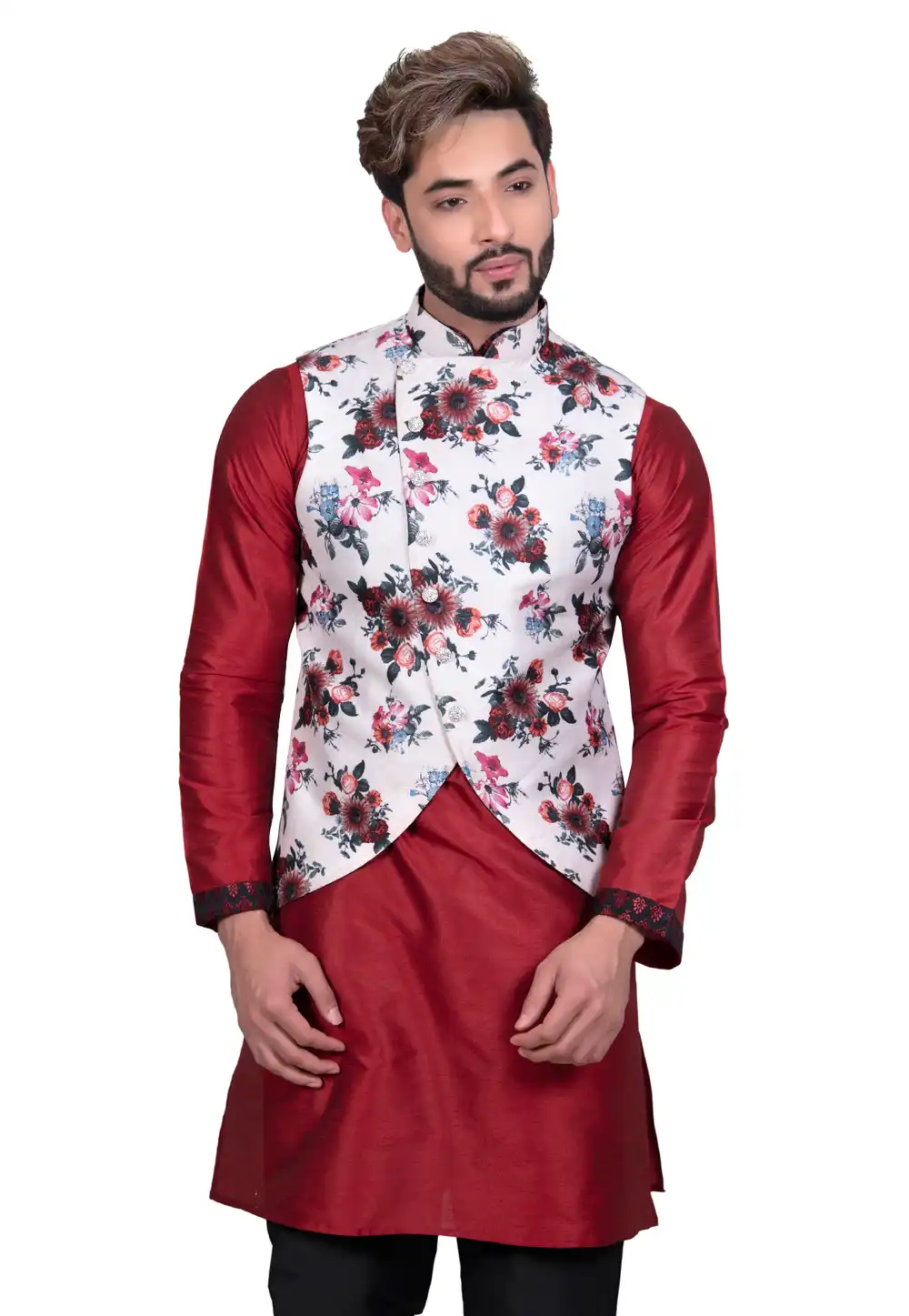 Off White Silk Readymade Printed Nehru Jacket 203553