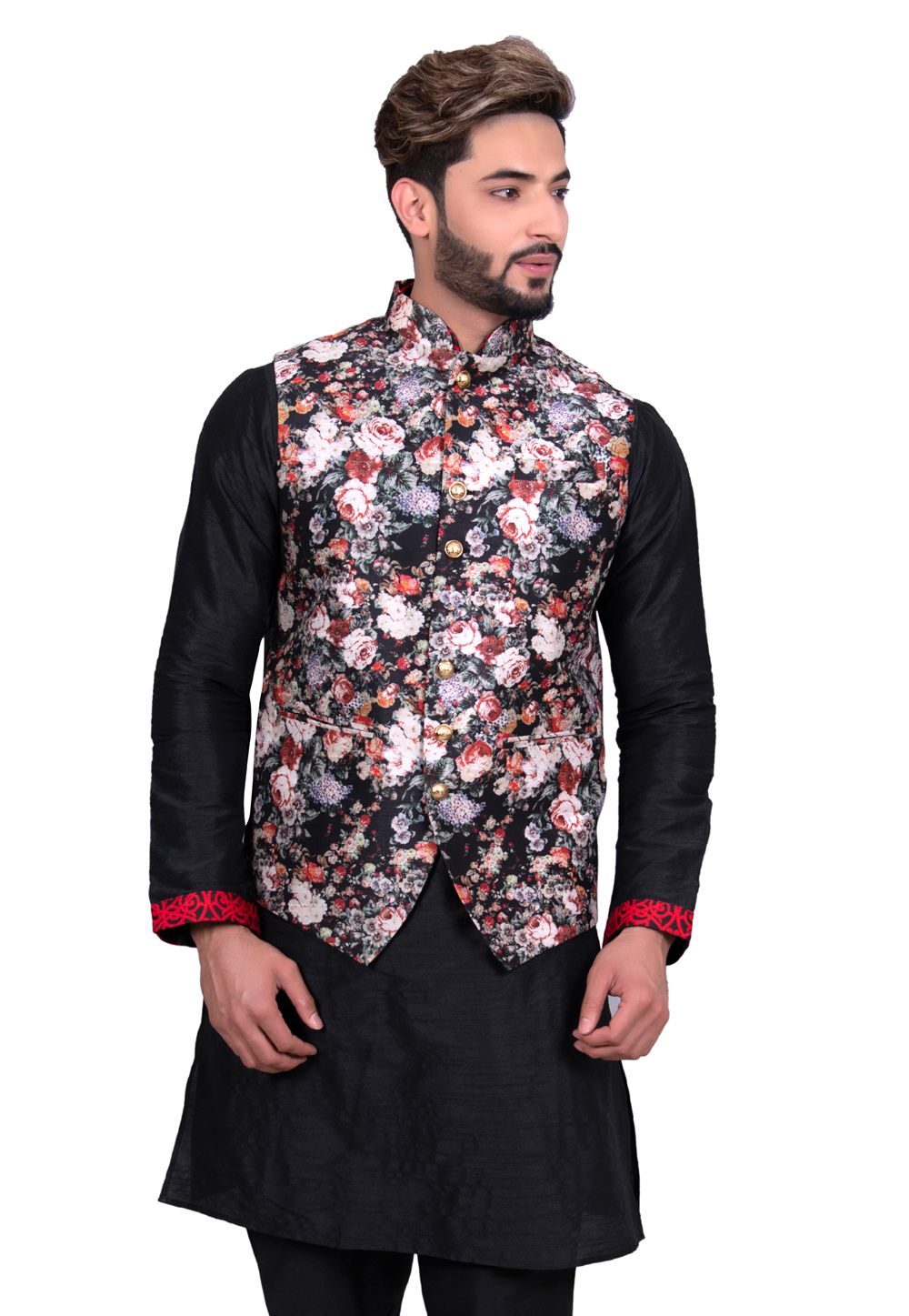 Black Silk Readymade Printed Nehru Jacket 203554