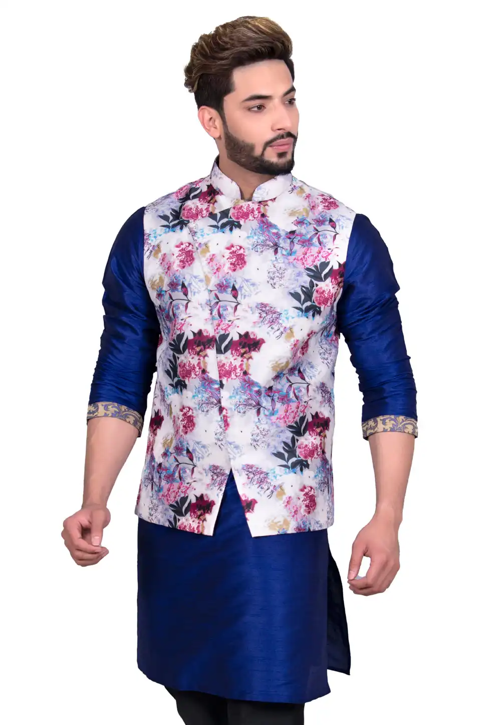 Off White Silk Readymade Printed Nehru Jacket 203555