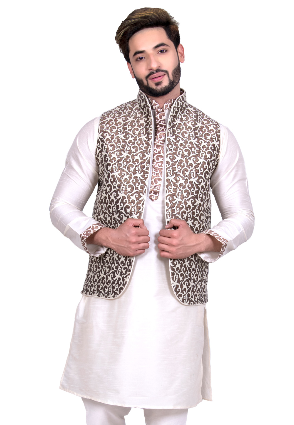 Brown Brocade Silk Readymade Nehru Jacket 203556