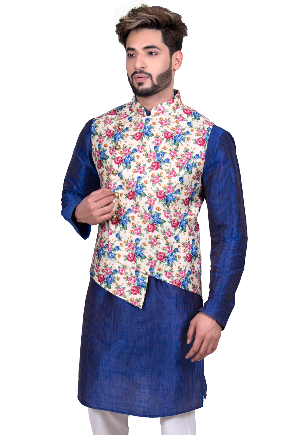 Cream Silk Readymade Printed Nehru Jacket 203560