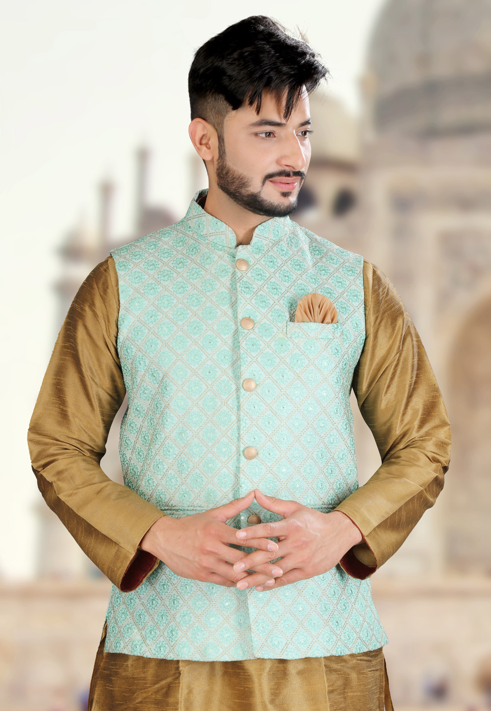 Sky Blue Silk Readymade Nehru Jacket 260043