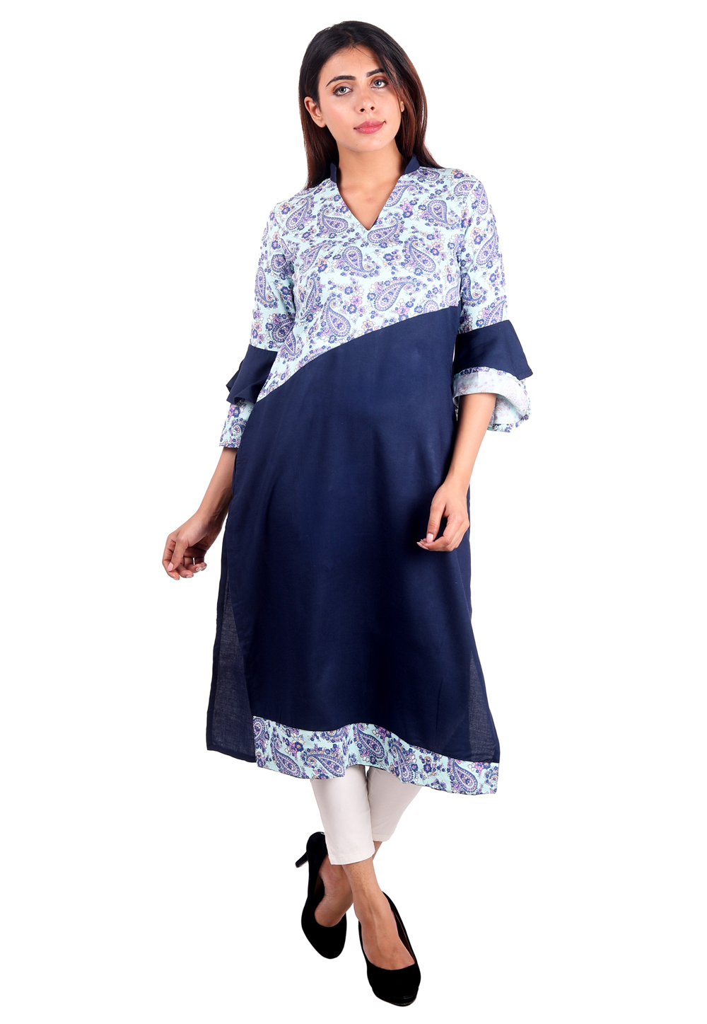 Navy Blue Cotton Readymade Printed Kurti 168804