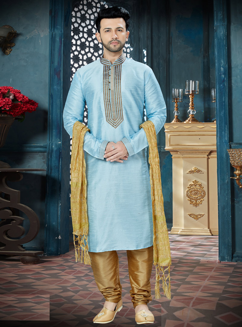 Light Blue Art Dupion Readymade Kurta Pajama 143775