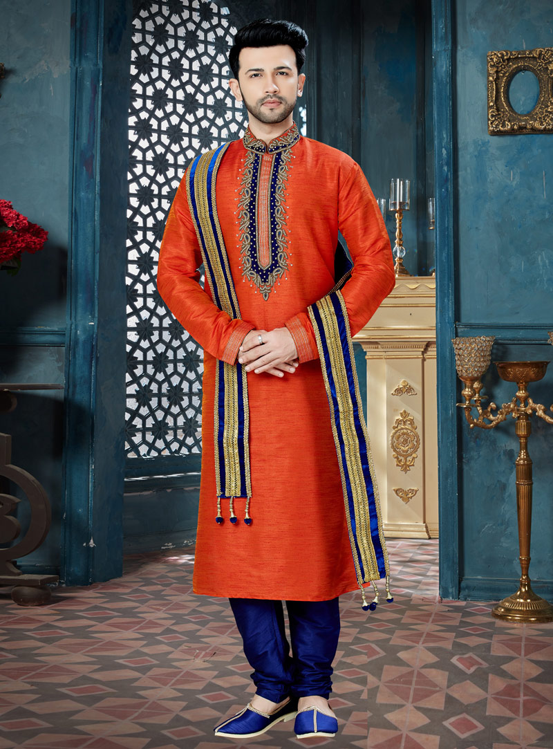 Orange Banglori Silk Readymade Kurta Pajama 143778